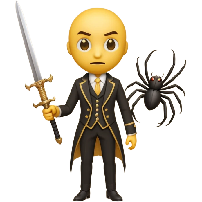 3d yellow emoji character in victorian suit nervously holding a tiny sword, facing a small cartoon spider, exaggerated brave face, retro 3d emoji render, simple white background emoji