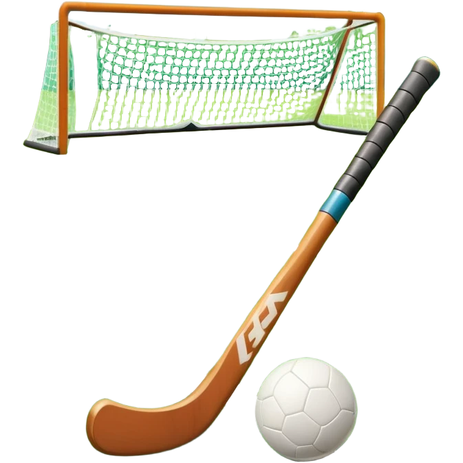A field hockey stick and ball resting on a well-maintained green grass field, with the goalposts and markings visible in the background. The scene highlights the precision and focus of the sport, with the vibrant green pitch creating a dynamic atmosphere. emoji