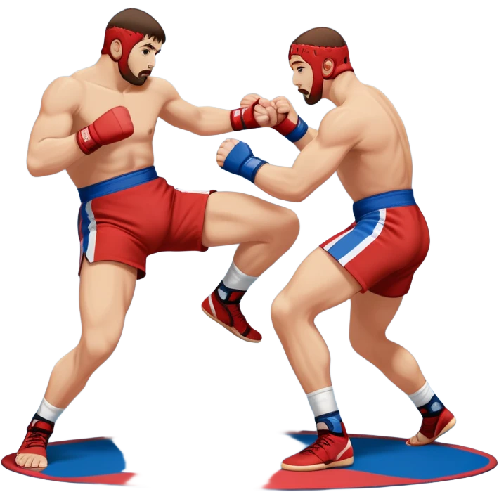 Two Sambo fighters in blue and red gis with shorts and wrestling shoes, executing gripping and throwing techniques. The fighters are engaged in a dynamic, action-packed moment with no strikes. The background features a wrestling mat, focusing on the technique and control. Transparent background  emoji