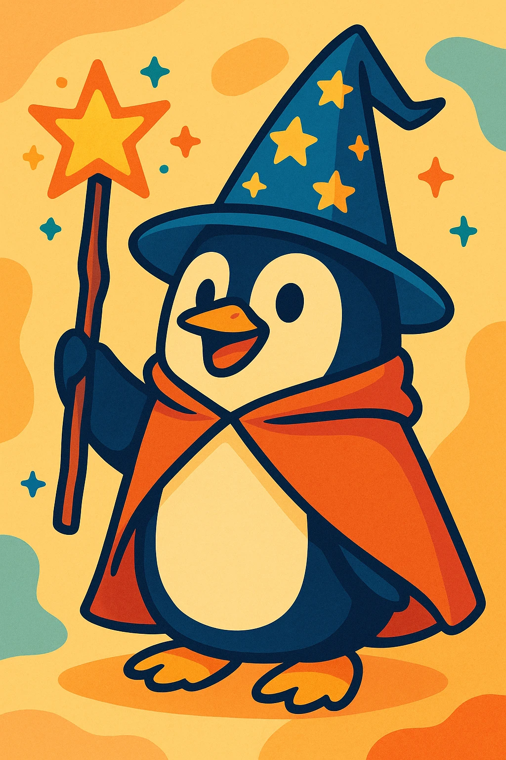 a penguin dressed as a wizard, with a pointy hat and a magic staff, charming colorful style emoji