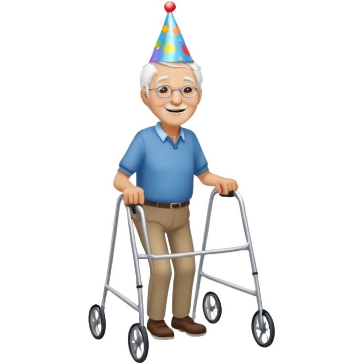 Old man with Zimmer frame celebrating birthday emoji