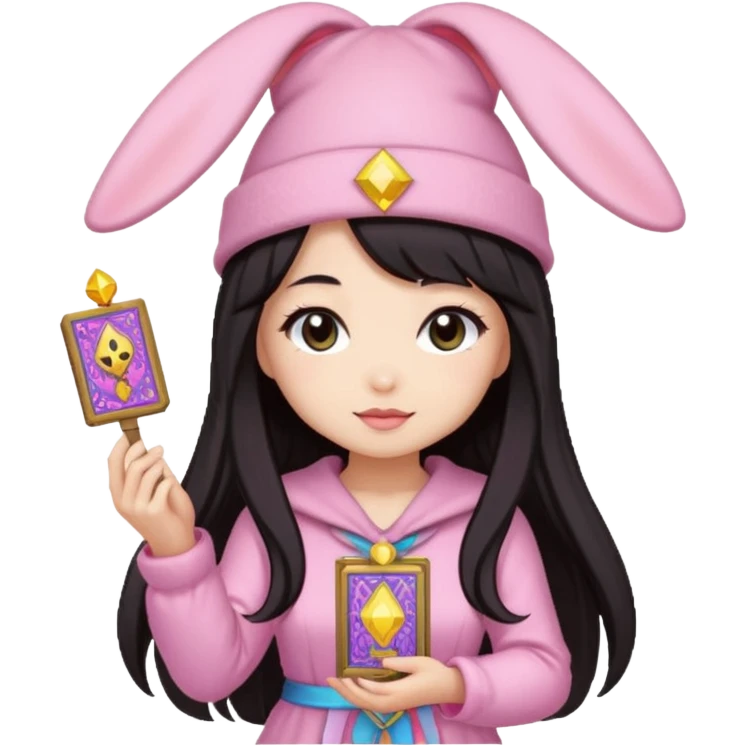pixel art chibi asian girl with dark long hair in pink bunny hat magical girl with tarot cards thrown in air pixel emoji emoji