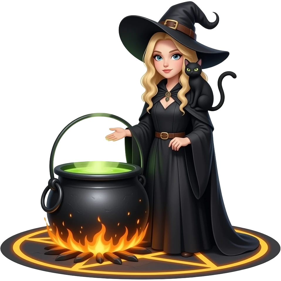 Witch with blonde hair, cauldron, pentagram, black cat, besphamet emoji
