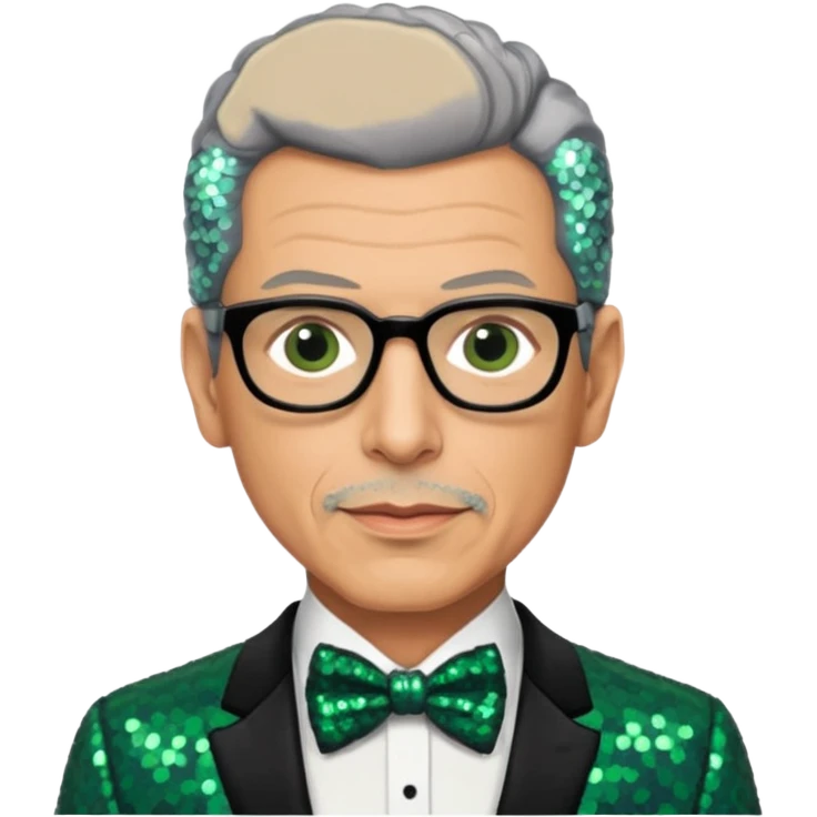 Jeff Goldblum with gray hair, dark green sequin suit with bow tie emoji