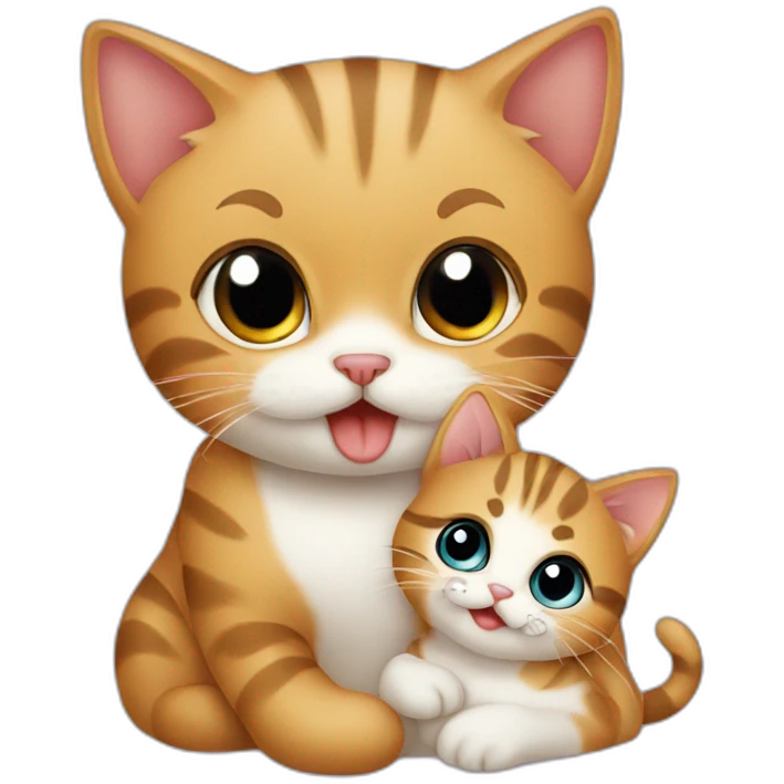 A cute cat holding baby cat with her mouth emoji