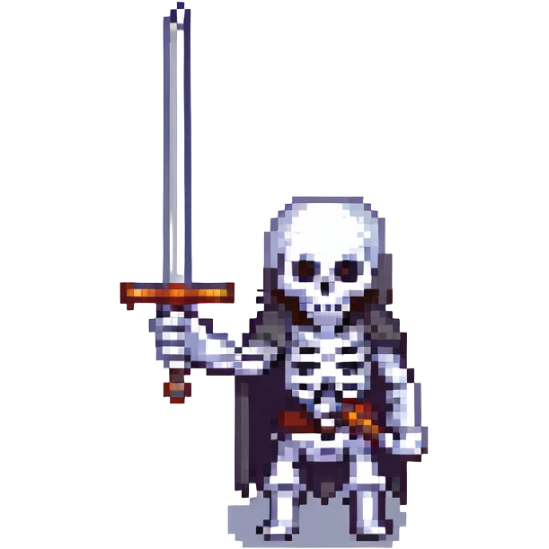 pixel art skeleton with a raised sword emoji