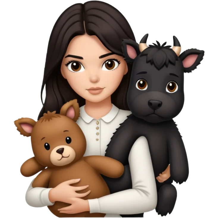 Kendall Jenner with long dark hair holding a brown teddy bear, a black schnauzer and a cow cat in her arms emoji