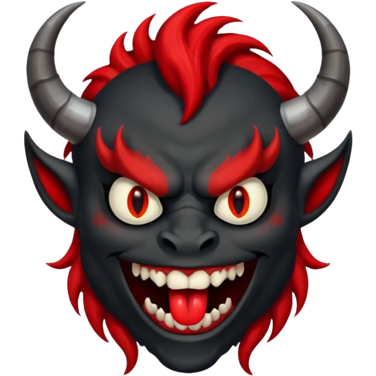 демон с чёрной как уголь кожей, красными клыками, двумя красными рогами торчащими у него изо лба, красной гривой и глазами смеётся (рядом текст "Ха-Ха") emoji