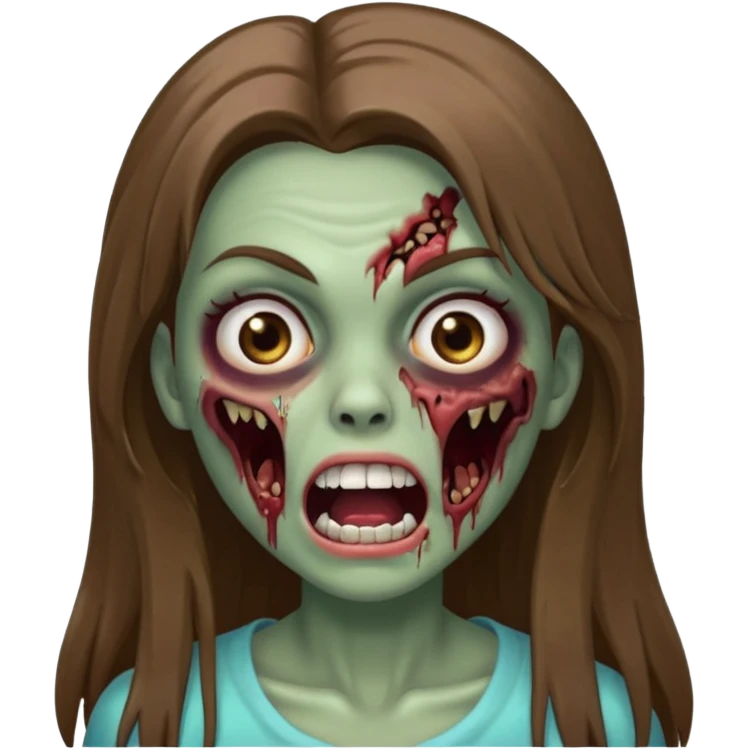 faça uma menina zumbi, ela tem cabelo marrom comprido e bem bem liso, ela nao tem franja. ela usa maquiagem com rimel e ta com a boca aberta emoji