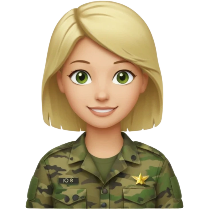 Apple-style emoji: female soldier, bust, no cap/helmet, friendly smile, generic camo top, blonde hair emoji
