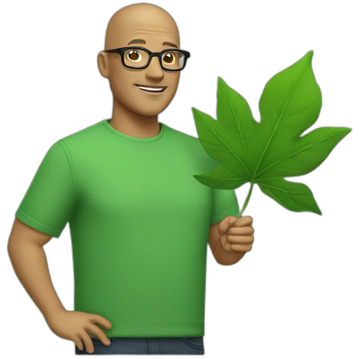a middle aged bald man in square black glasses wearing a green shirt and holding a green leaf emoji