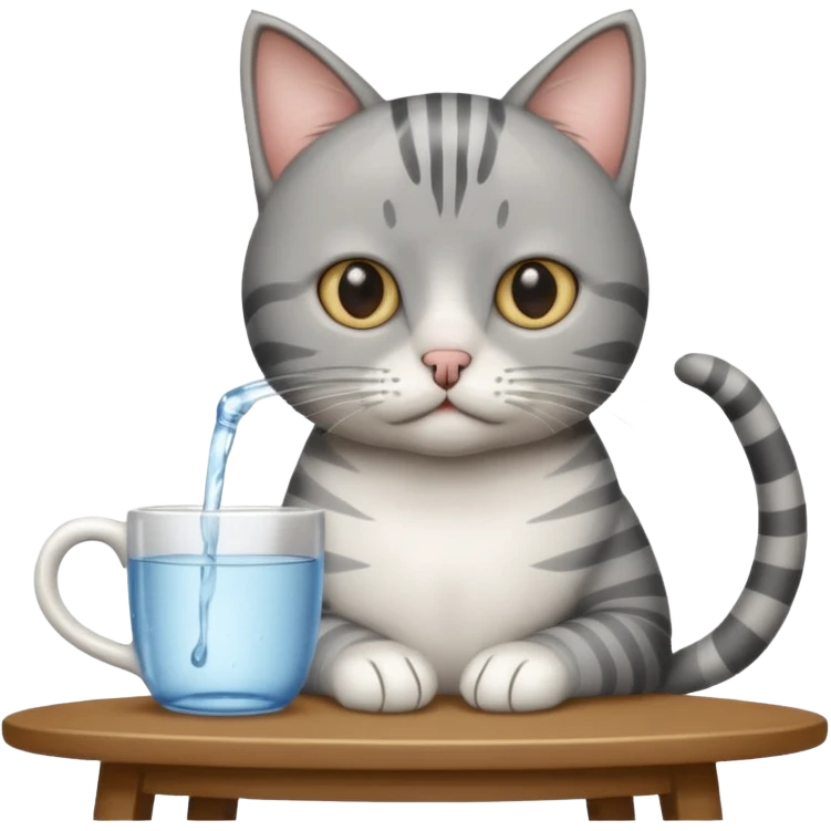 A gray striped cat sitting at a table drinking water from a mug emoji
