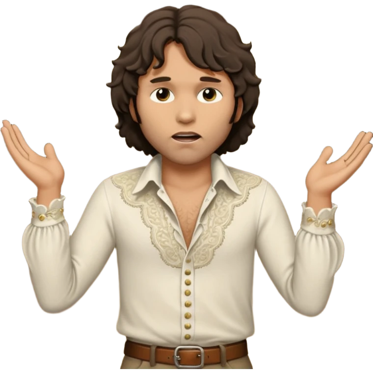 cinematic realistic ultra HD - unkempt, shaggy with big sideburns Jim Morrison in an ivory Victorian shirt, in an trance dramatic pose, sings on stage emoji