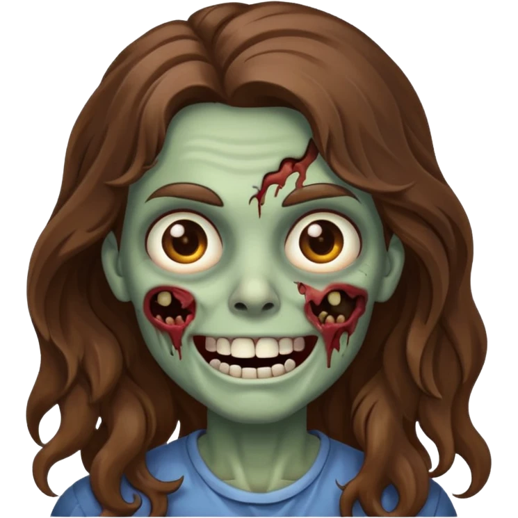zombie com cabelo ondulado longo marrom e sem franja fofa sorrindo emoji