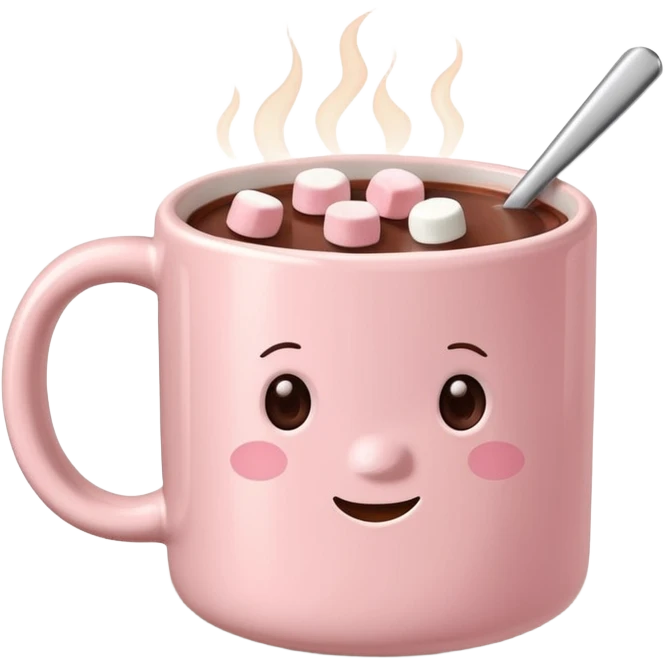 light pink mug with hot chocolate and marshmallows emoji