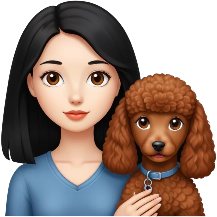 A beautiful girl with fair skin has long straight black hair and a miniature reddish-brown Poodle. emoji