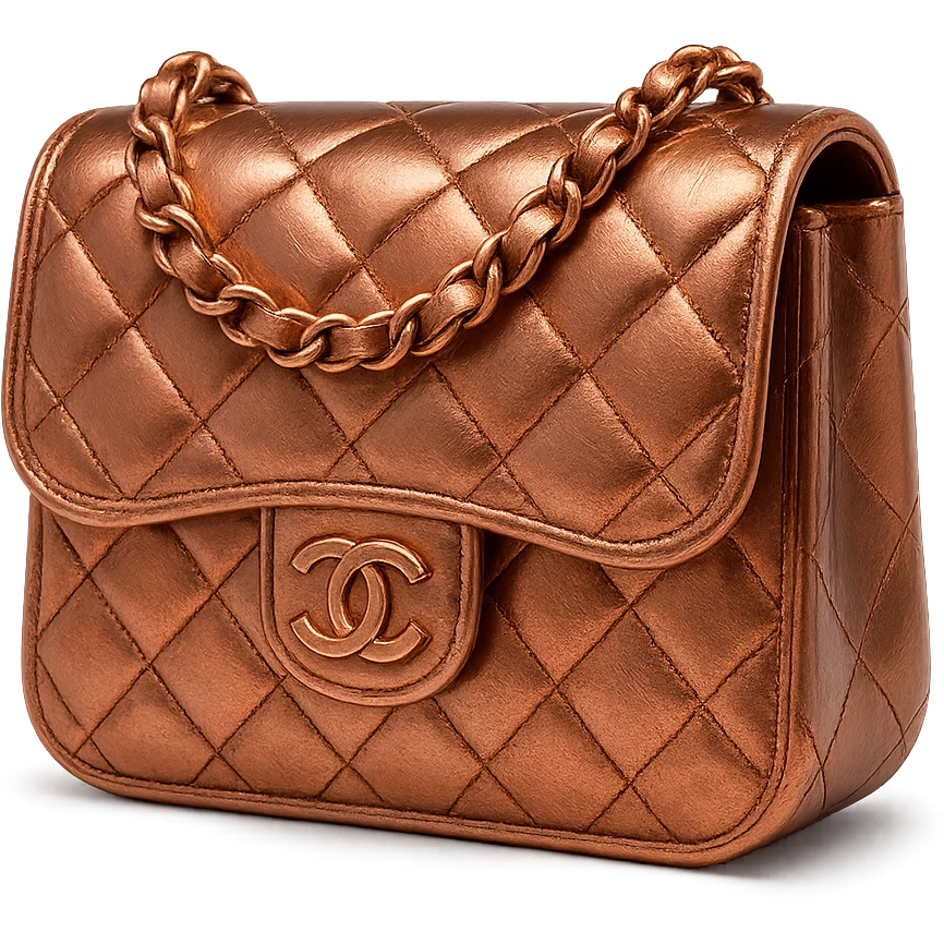 a pink Chanel purse, metallic copper finish, shiny and elegant emoji