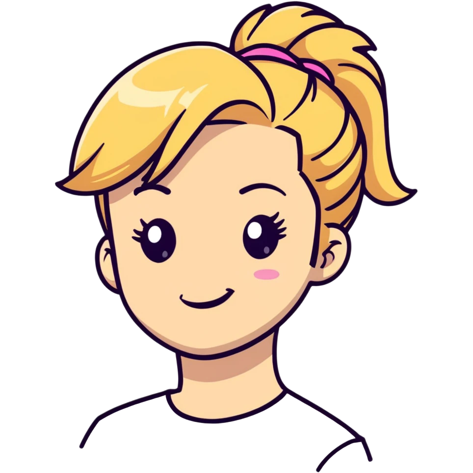 blonde girl with high pony hair, she is making a wink emoji