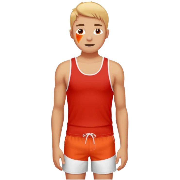 image of person in swimshorts which is sunburned - the skin is red, on the person chest it should be white (as a white outline of a tank top)  emoji