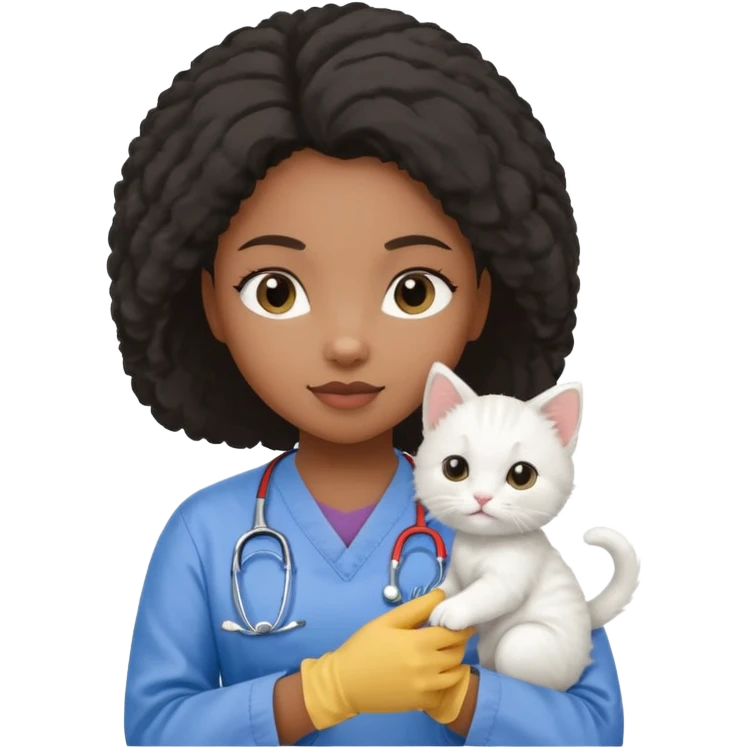 Young black female vet – scrubs, gloves, examining kitten. emoji
