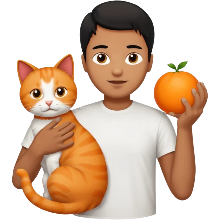 Brown guy with black hair playing with orange cat emoji