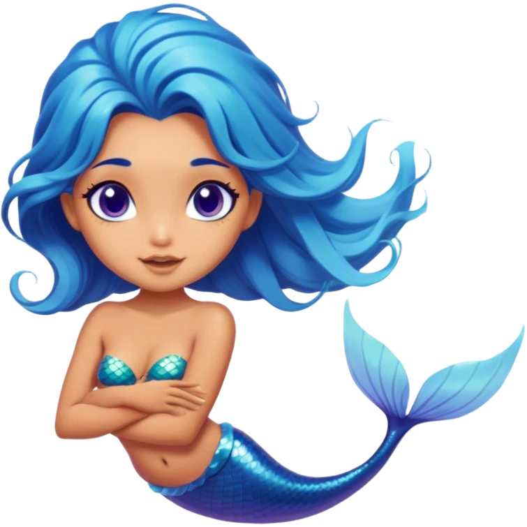 Cinematic Realistic Blue Hair Mermaid Portrait, head tilted playfully and inquisitively, showcasing a delicate, tropical form with finely detailed, flowing blue hair contrasting beautifully against her sun-kissed tanned skin. Her bright, curious eyes sparkle like sea gems under warm filtered light, rendered with lifelike clarity and soft underwater illumination—capturing the essence of a spirited mermaid poised to dance playfully amidst coral reefs. emoji