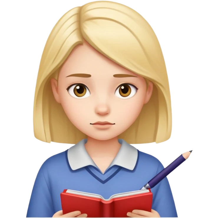 Young girl with focused expression reading a notebook emoji