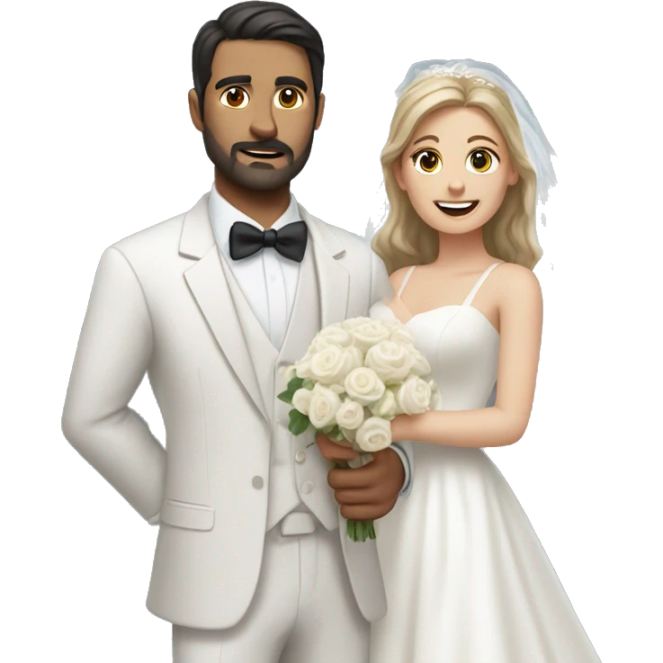 Realistic Dark haired man with dark facial hair in a suit holding a woman with light brown hair in a white wedding dress emoji
