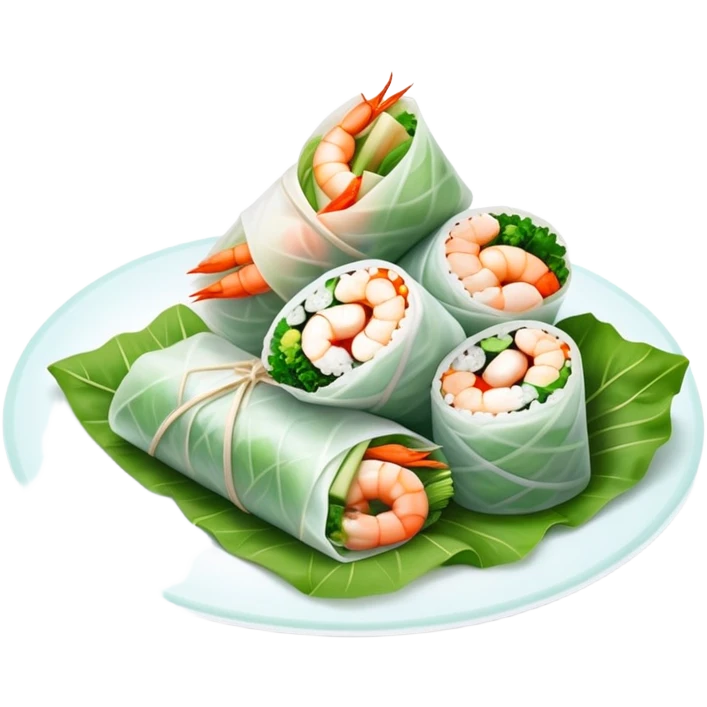 cinematic-realistic-vietnamese-summer-rolls-dish-emoji,-depicted-with-delicate-rice-paper-wraps-filled-with-fresh-vegetables-and-shrimp-rendered-with-crisp-textures-and-refreshing-lighting. emoji