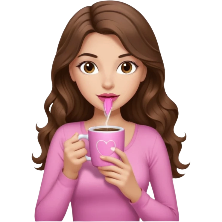 girl with long wavy brown hair, brown eyes, long lashes, pink lips, light to medium complexion, pink sexy top, sipping coffee emoji