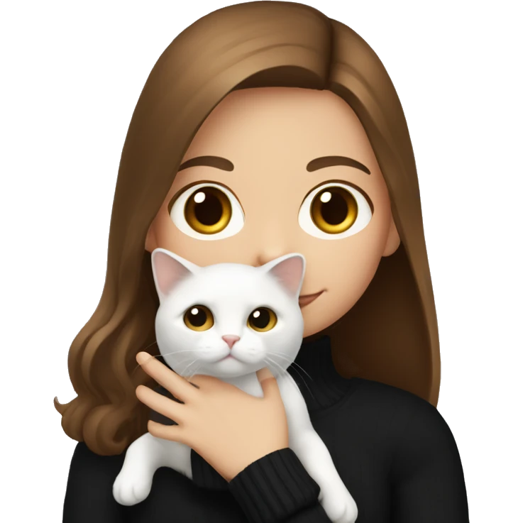 Girl with brown hair in the black sweater and white cat in the hand emoji