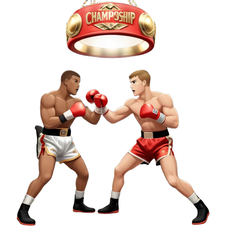  a high-stakes boxing match for the world championship title. Two professional boxers, wearing gloves and championship belts, exchange powerful punches in the center of the ring. The background features a packed arena with bright lights, a roaring crowd, and the championship banner hanging above.  emoji