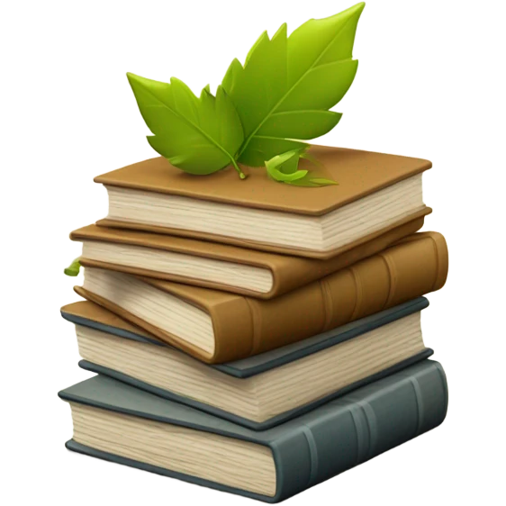  A stack of miniature books with leaves scattered around. emoji
