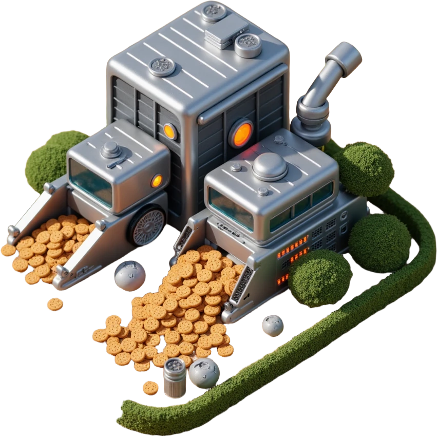 Exterior view of a modern robotic farm in skeuomorphism style, with realistic textures and depth, metallic buildings sitting on visible ground with detailed soil and foundation, automated harvest bots working in the fields, glowing pipes and mechanical arms, cookie plants growing in neat rows emoji