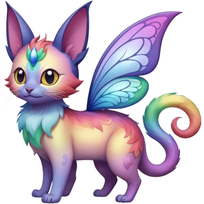 White pastel iridescent rainbow-gradients-color-marked with swirly patterns butterflies  faerie-Noivern-Noibat-Purloin-Torracat-Lykoi-Caracal-cat-Fakemon-fusion-hybrid-creature emoji