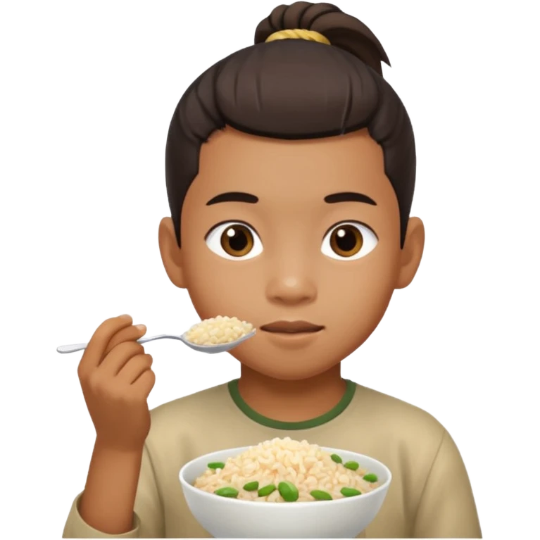 Viatnamese boy with a ponytail eating rice emoji