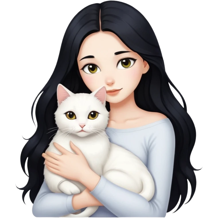 Beautiful sexy girl with long black hair hugs a white cat emoji