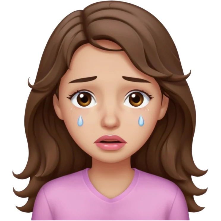 girl with wavy long brown hair, brown eyes, light to medium complexion, long lashes, light pink lipstick, wearing light pink shirt, crying big tears emoji