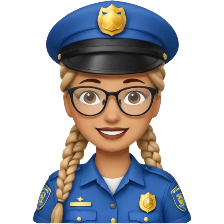 happy woman police with braided hair wearing hat, glasses  emoji