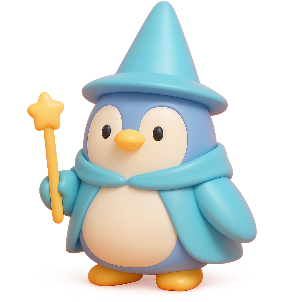 A penguin wizard with a tall pointed wizard hat, holding a magic wand. The penguin has a round plush body, friendly eyes, and a soft texture, wearing a blue cape. emoji