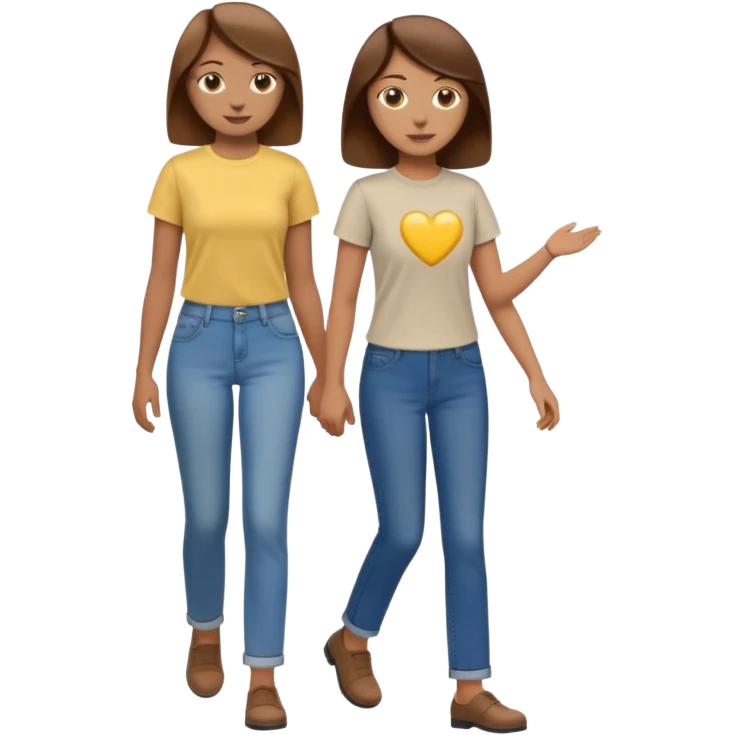 based on emoji style, two people walking together. one is brown-haired woman, wearing business casual,  Another one is a non-binary person, wearing t shirt and jeans, and the second person doesn't have anything on their hands. emoji