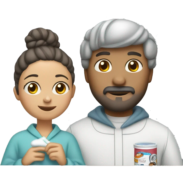 A couple brushing their teeth. She wears a snoopy tile-colored robe and a bun in her hair, and he has a beard and wears a gray sweatshirt emoji
