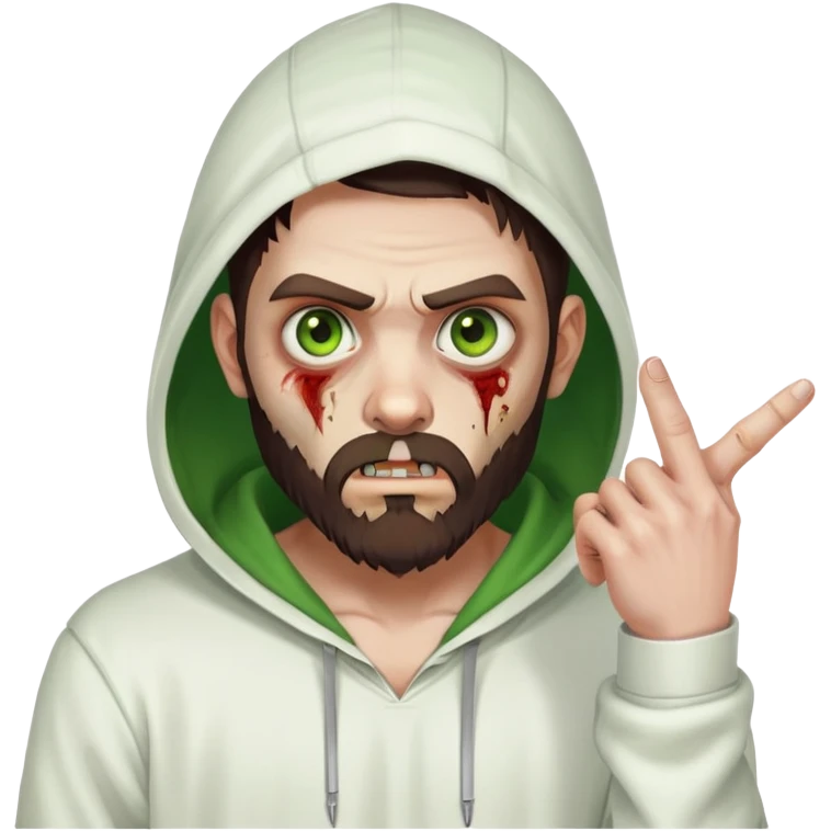 zombie pointing finger, undercut hairstyle with dark brown hair, short full beard, heterochromia with one green eye and one brown eye, wearing plain white hoodie with hood up emoji