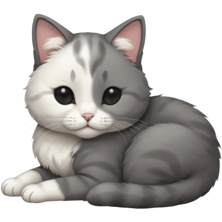 dark grey and white small cat with his eyes closed, leaning his head on his paw while leaning on his elbow lying down emoji
