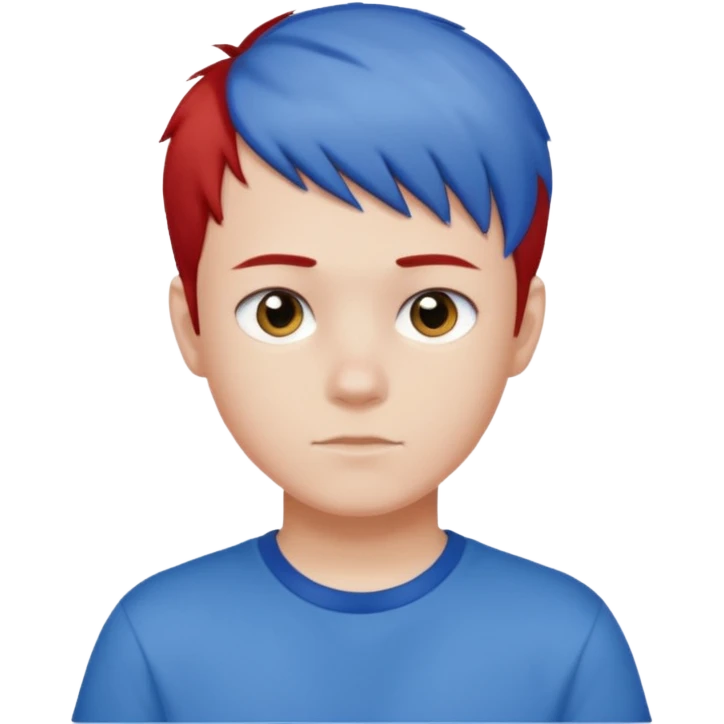 teenage boy with blue short hair, red hair ends. he is wearing a white t-shirt. emoji