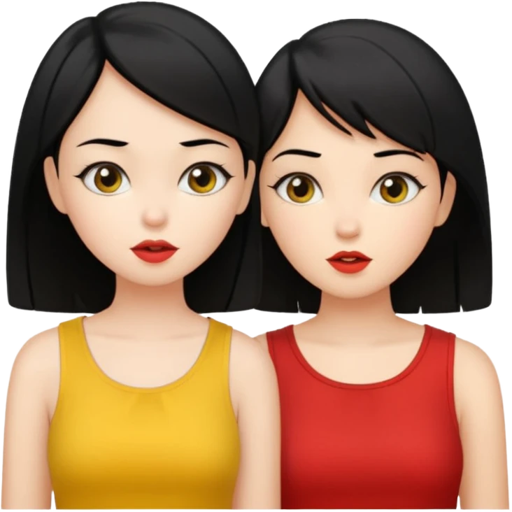 2 girls gossiping. both are fair and have black hair. One has short hair, one has long. One is wearing yellow, one is wearing red emoji