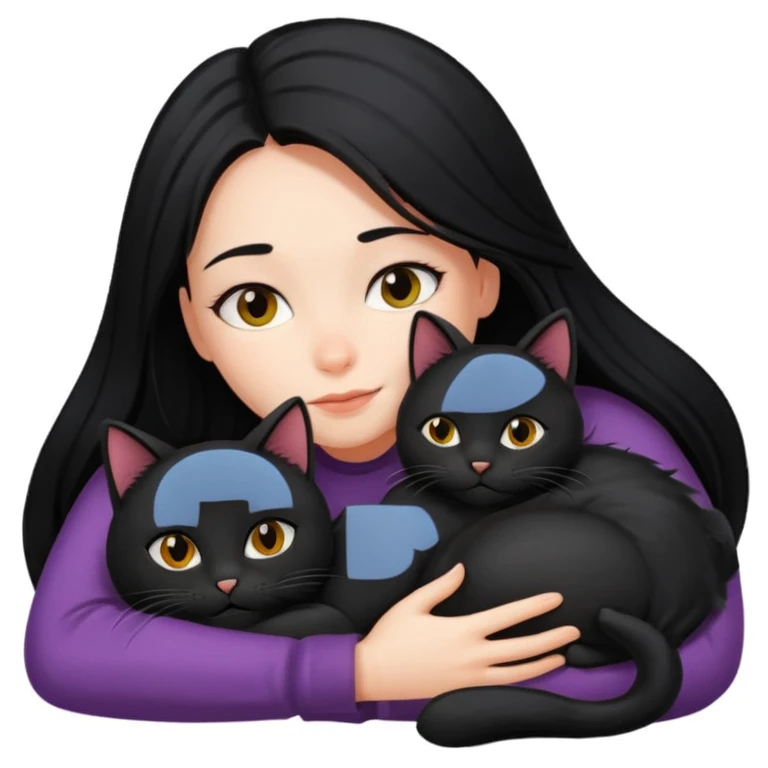 A girl with long black hair, lying down with her black cat while hugging each other. emoji