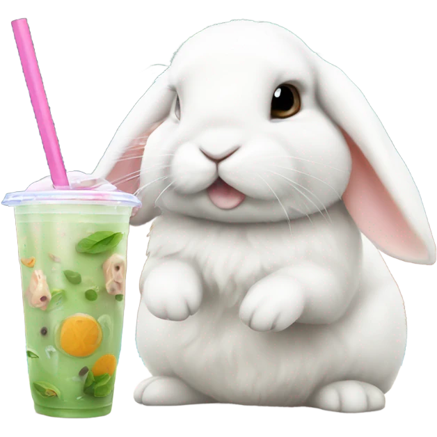 White mini lop rabbit drinking boba tea emoji