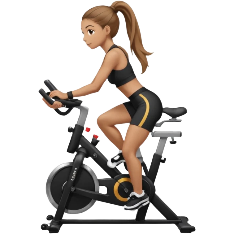 Light skin girl with long light brown hair in a pony tail, black workout set leaning on a indoor spin bike with NO HELMET,  emoji