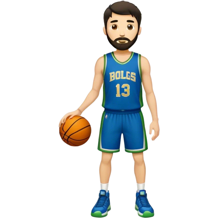 Full Body  white male basketball player with short shaggy dark hair and gold tee beard wearing blue and green uniform emoji